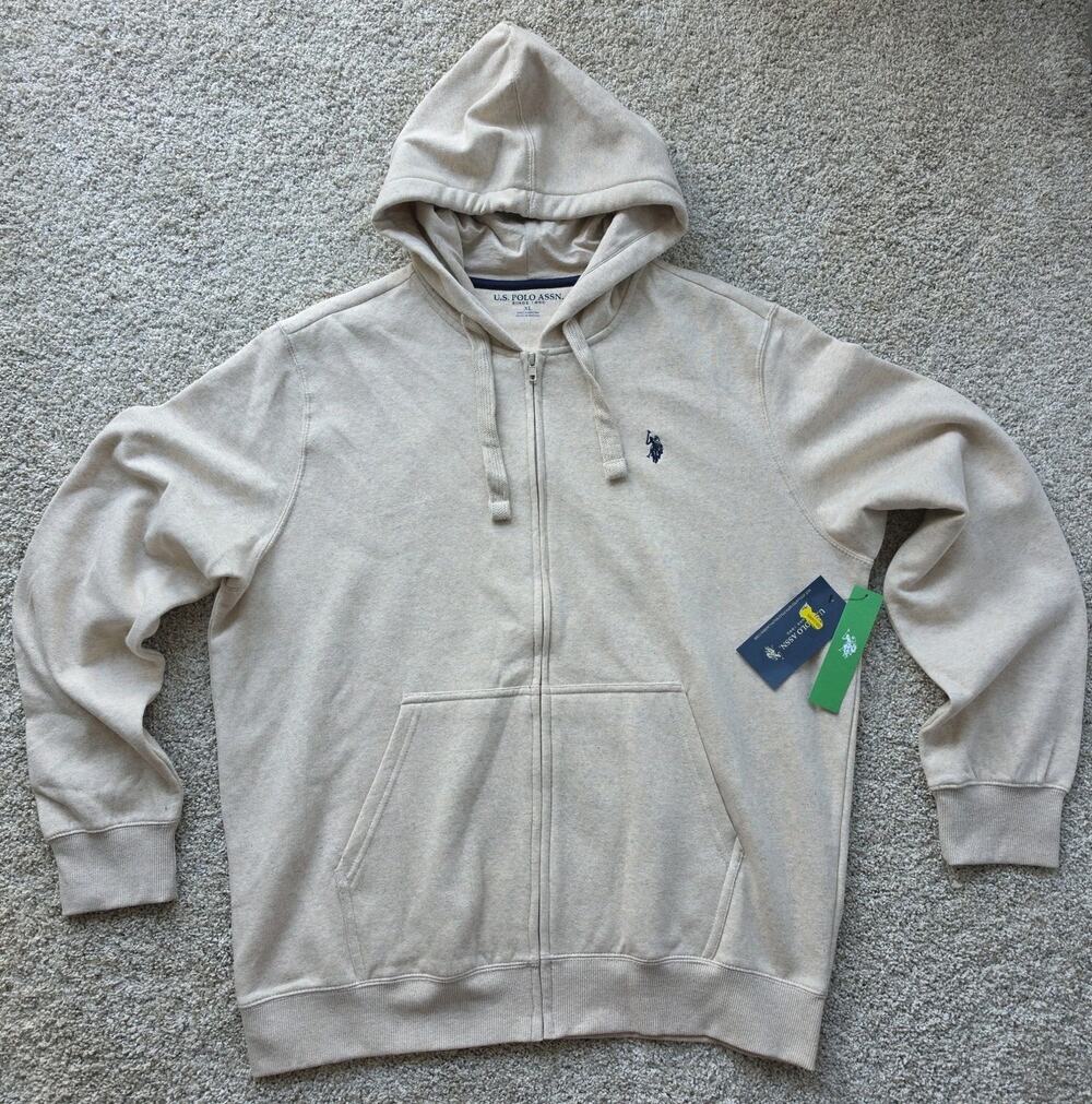NWT U.S. Polo Assn. Men's Full Zip Fleece Hoodie Beige Embroidered Hooded XL